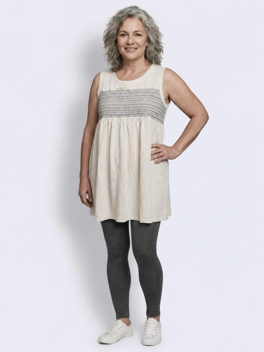 True Craft Cream Sleeveless Knit Tank Top with Embroidered Detail